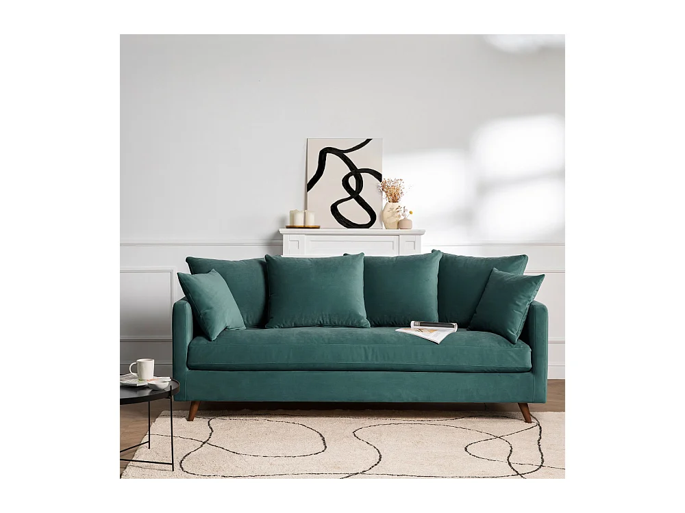 Villabon - Canapé convertible 4 places en velours pieds bois foncé - vert eucalyptus