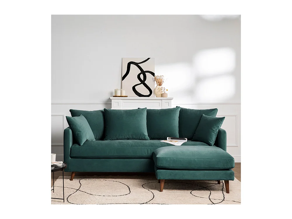 Villabon - Canapé convertible 4 places en velours pieds bois foncé - vert eucalyptus