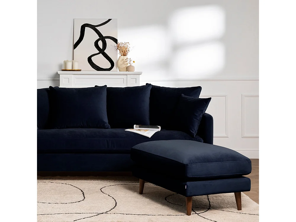 Villabon - Canapé convertible 3 places en velours pieds bois foncé - Bleu marine