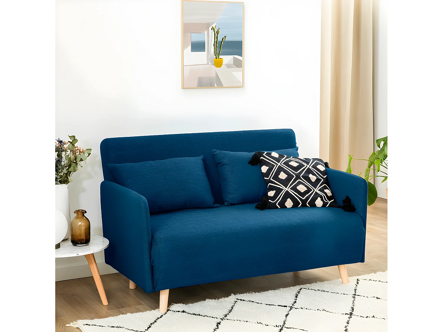 Belushi - Canapé convertible 2 places en tissu L120cm - Couleur - Bleu