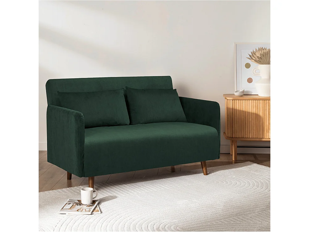 Belushi - Canapé convertible 2 places en velours côtelé pieds bois foncé - Vert foncé