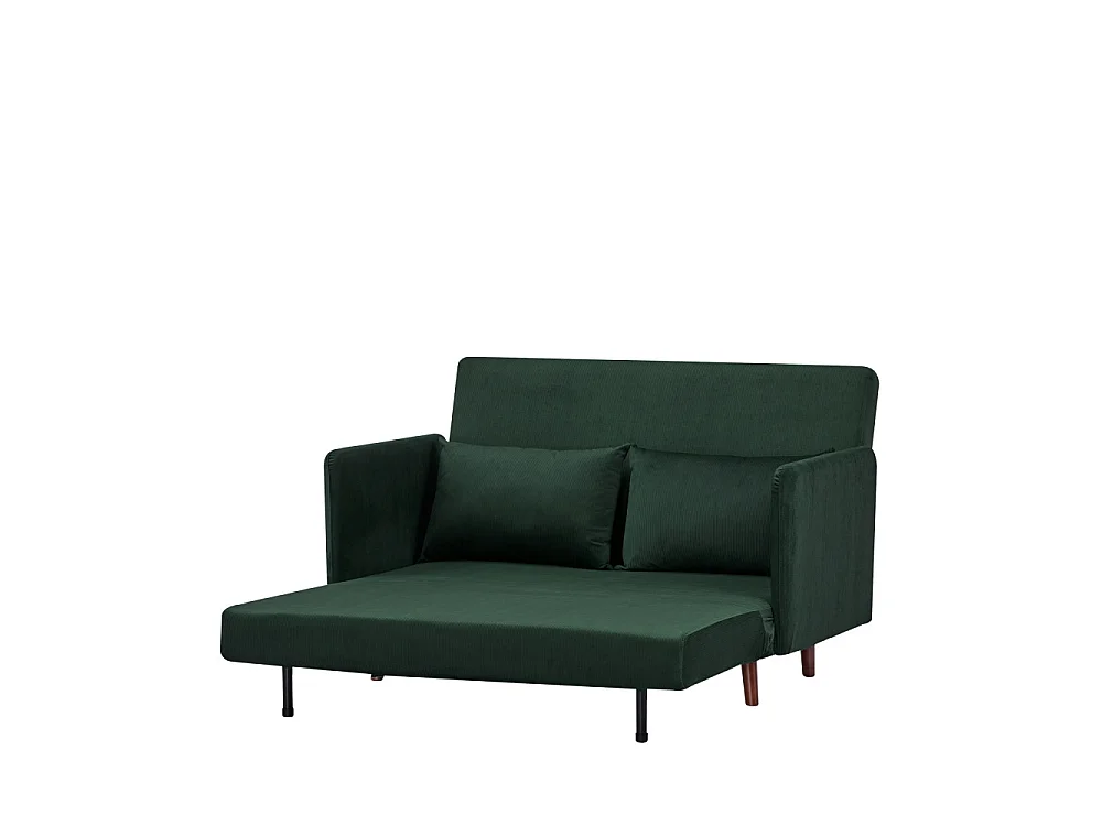 Belushi - Canapé convertible 2 places en velours côtelé pieds bois foncé - Vert foncé
