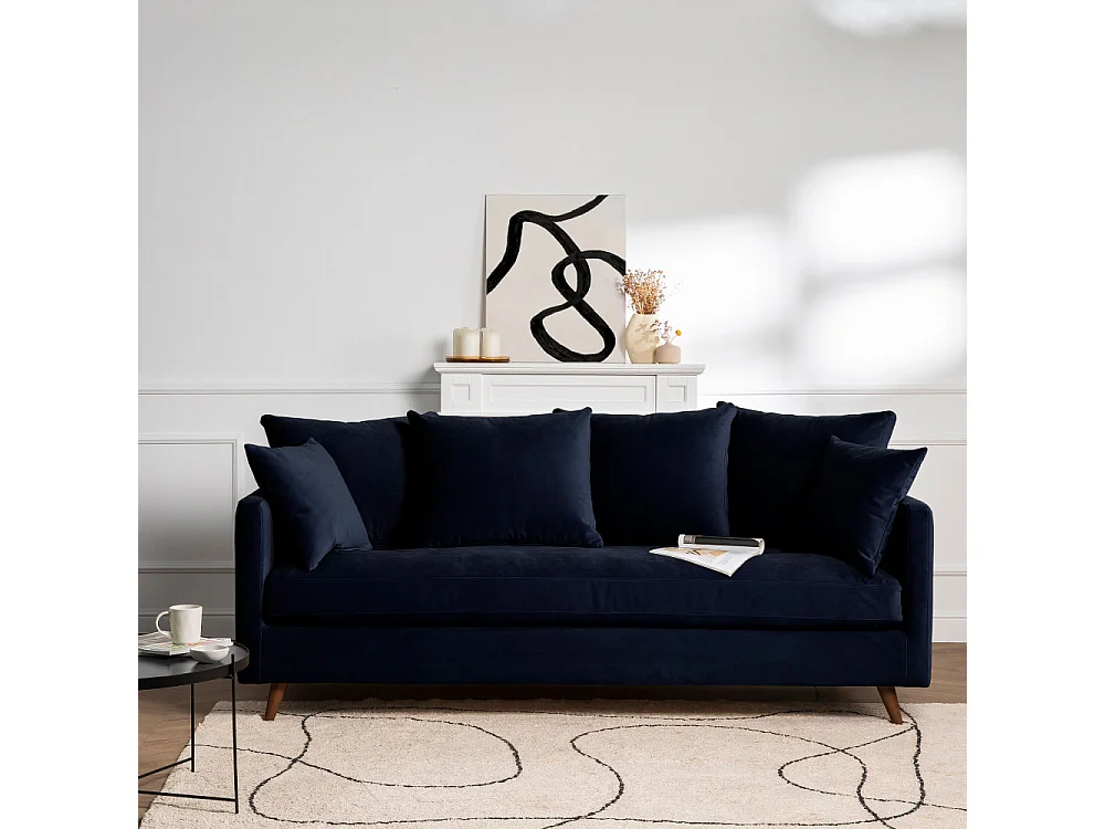 Villabon - Canapé convertible 4 places en velours pieds bois foncé - Bleu marine