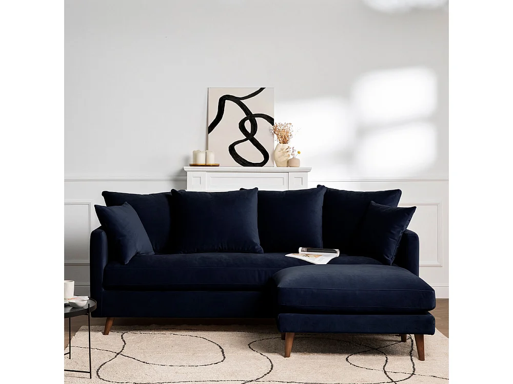 Villabon - Canapé convertible 4 places en velours pieds bois foncé - Bleu marine