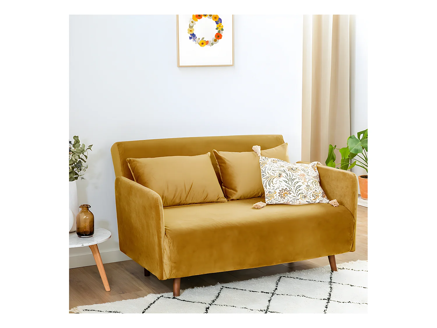 Belushi - Canapé convertible 2 places en velours L120cm - Jaune moutarde