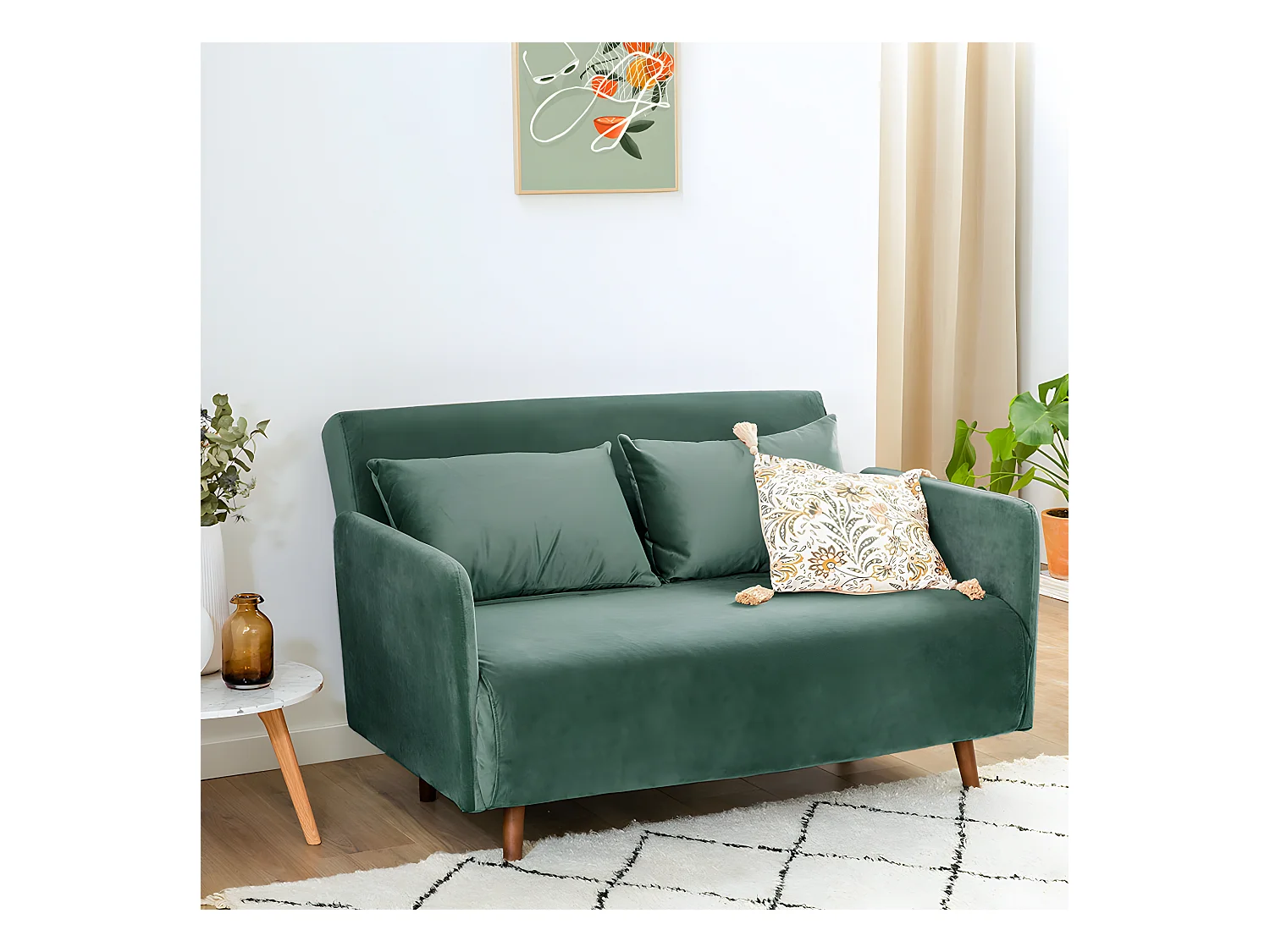 Belushi - Canapé convertible 2 places en velours L120cm - Vert forêt