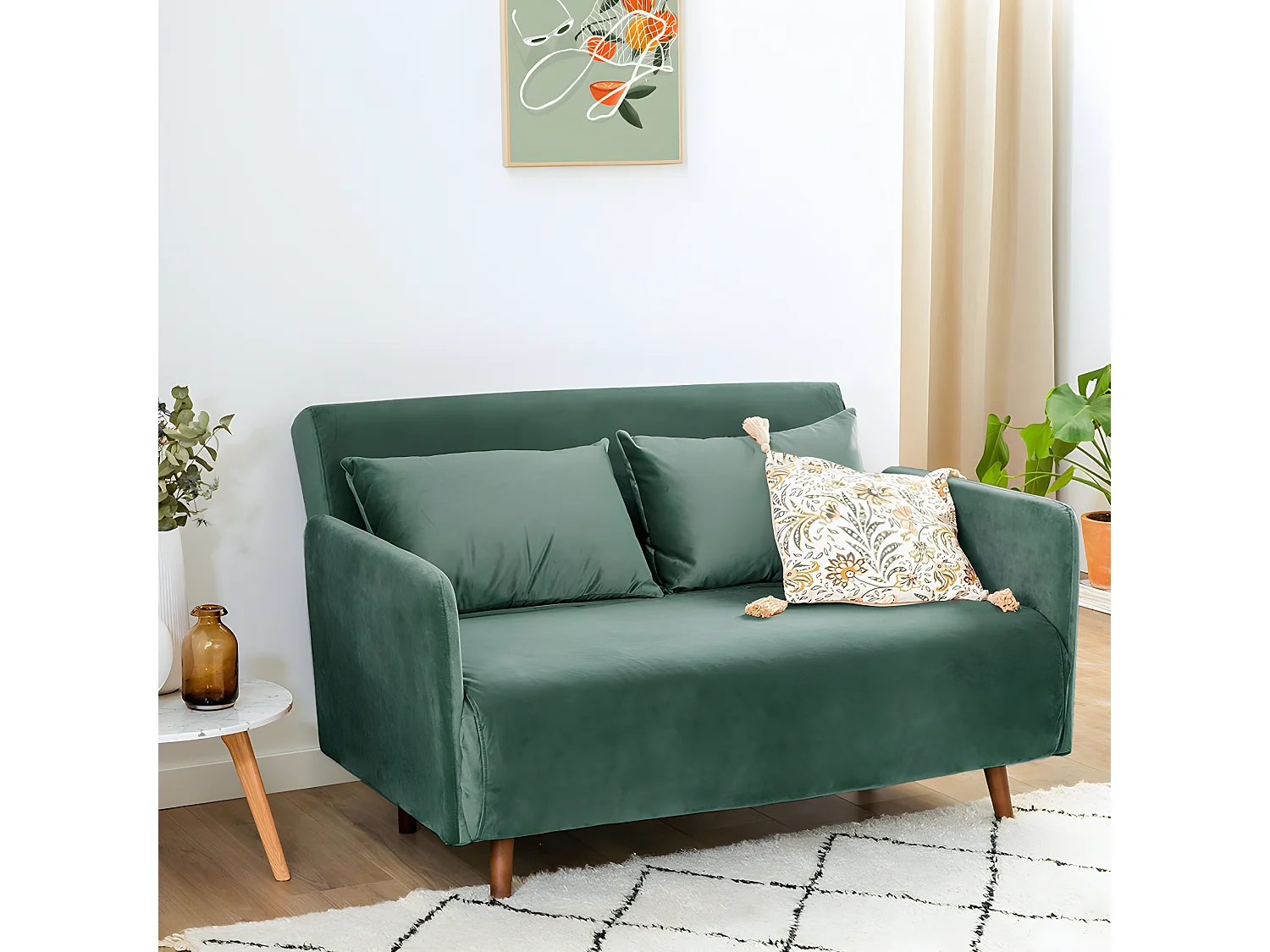 Belushi - Canapé convertible 2 places en velours L120cm - Vert forêt