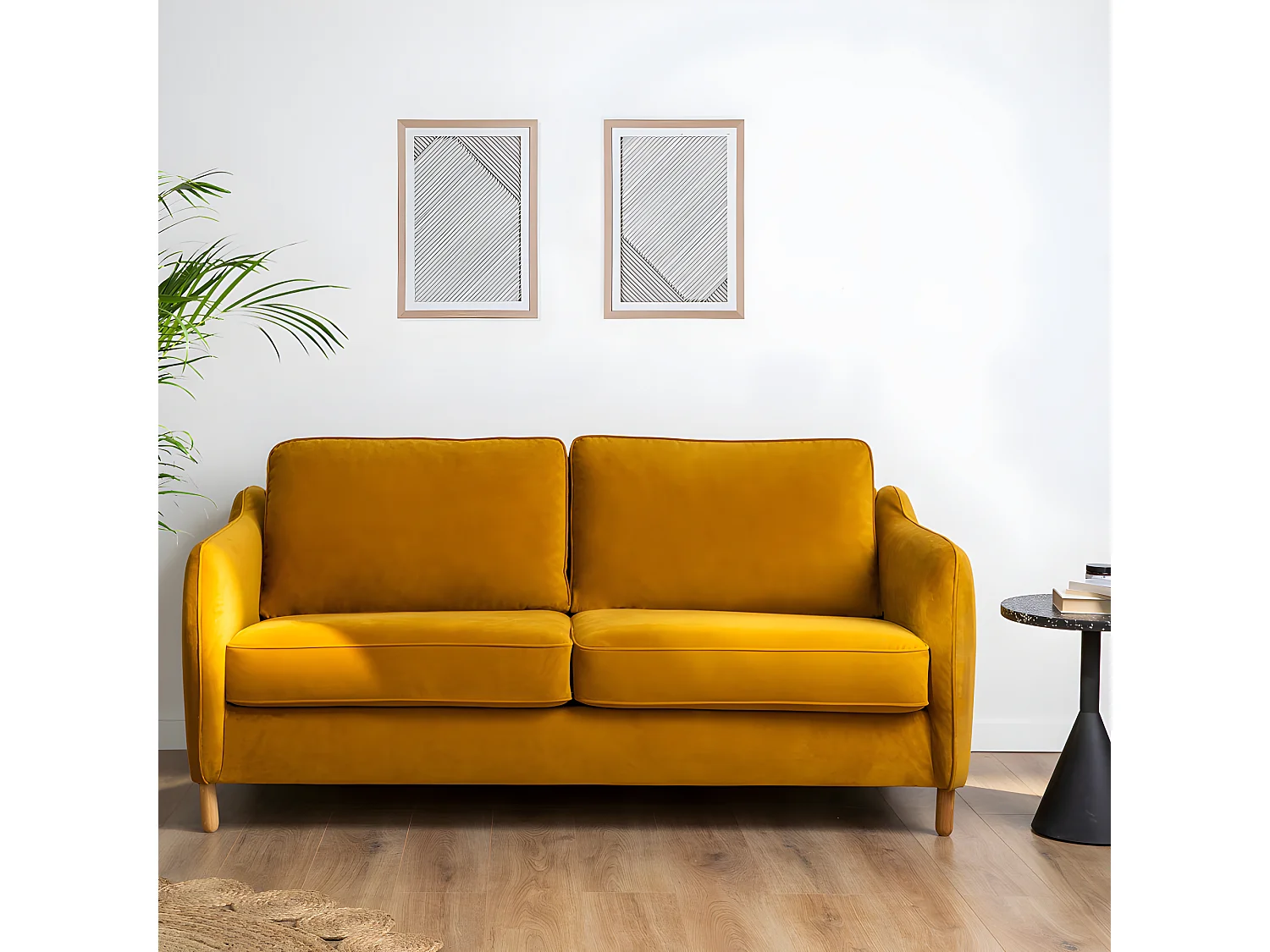 Vornay - Canapé convertible express 3 places en velours - Jaune moutarde