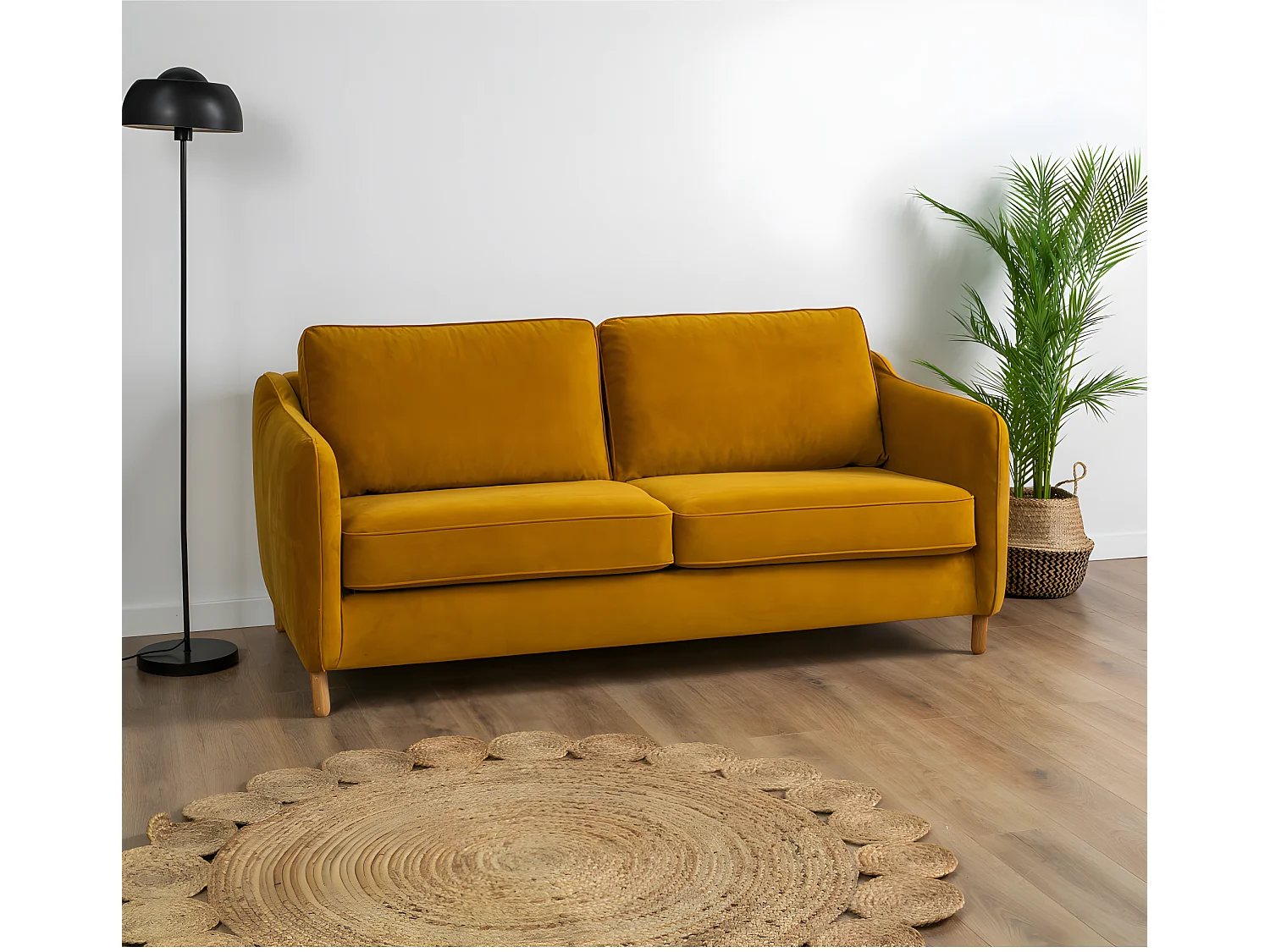 Vornay - Canapé convertible express 3 places en velours - Jaune moutarde