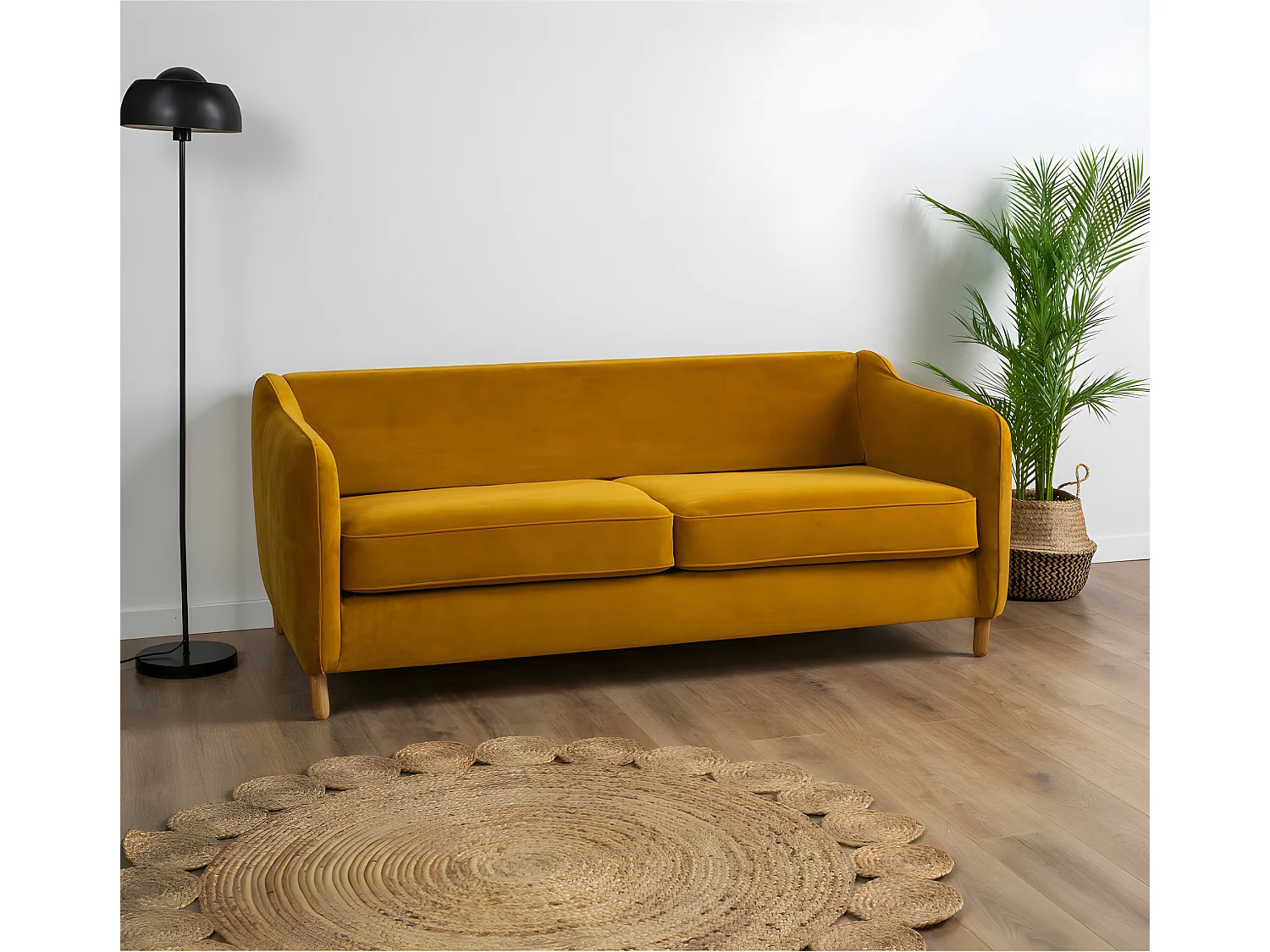Vornay - Canapé convertible express 3 places en velours - Jaune moutarde