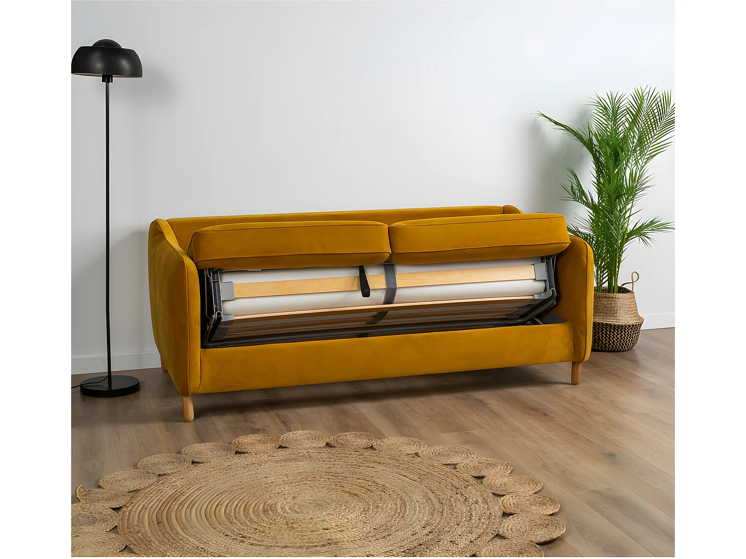 Vornay - Canapé convertible express 3 places en velours - Jaune moutarde