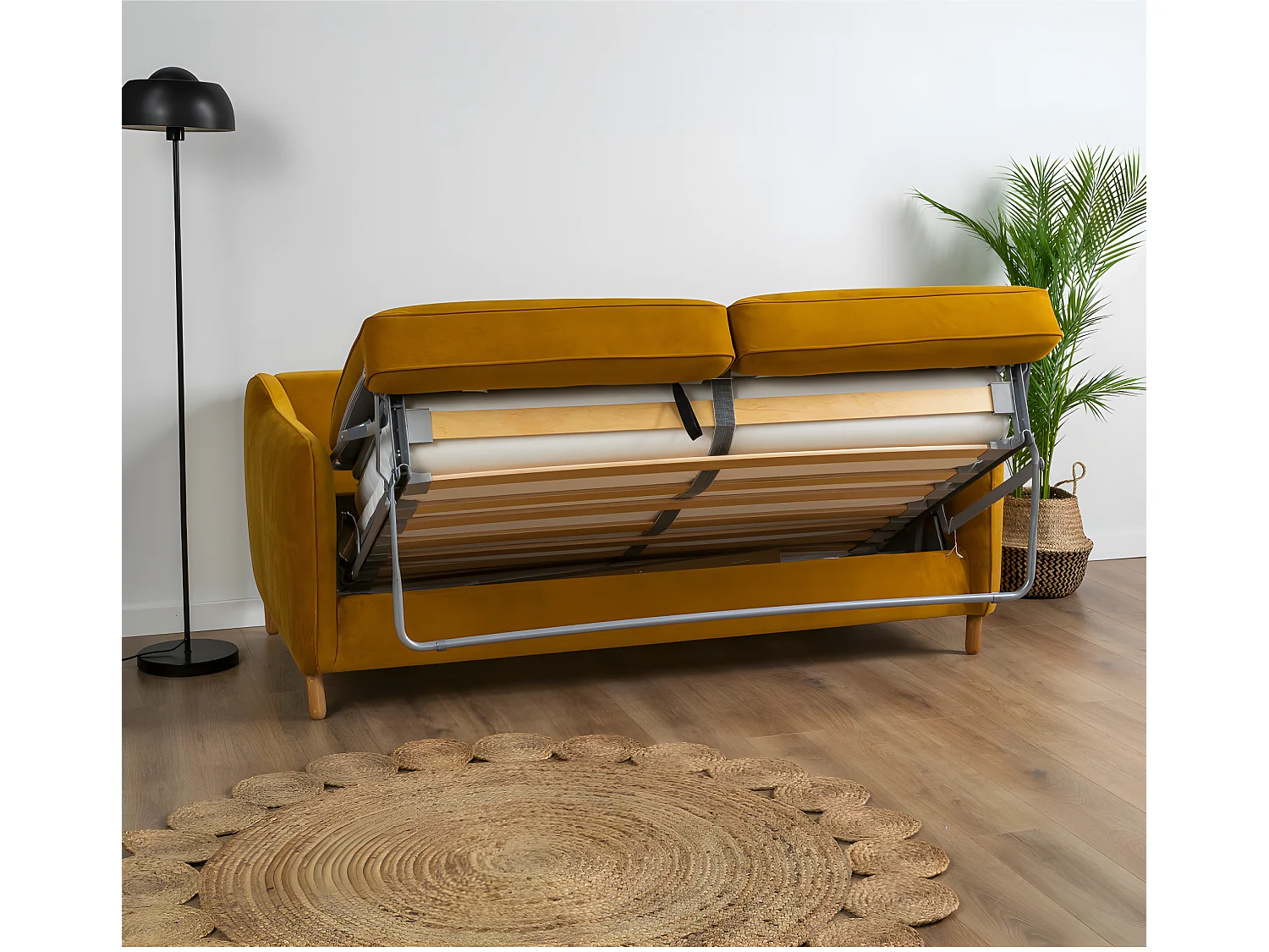 Vornay - Canapé convertible express 3 places en velours - Jaune moutarde