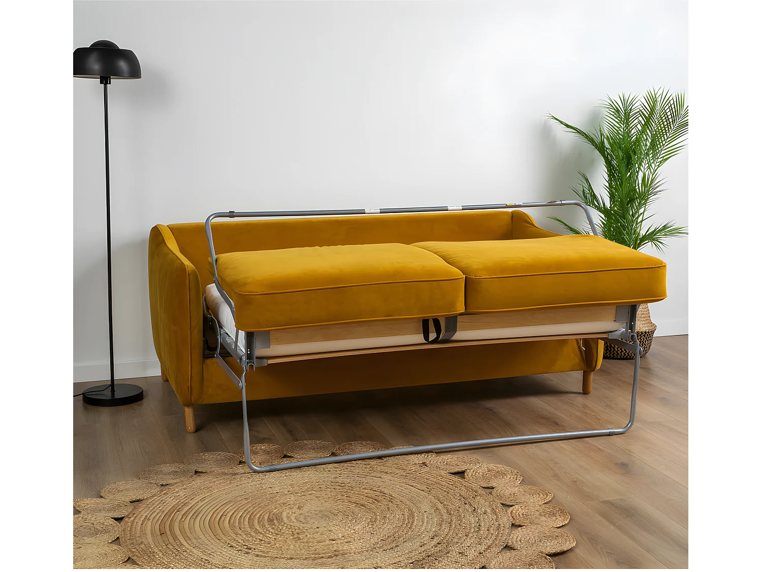 Vornay - Canapé convertible express 3 places en velours - Jaune moutarde