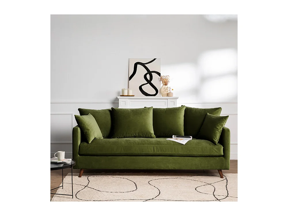 Villabon - Canapé convertible 4 places en velours pieds bois foncé - Vert olive