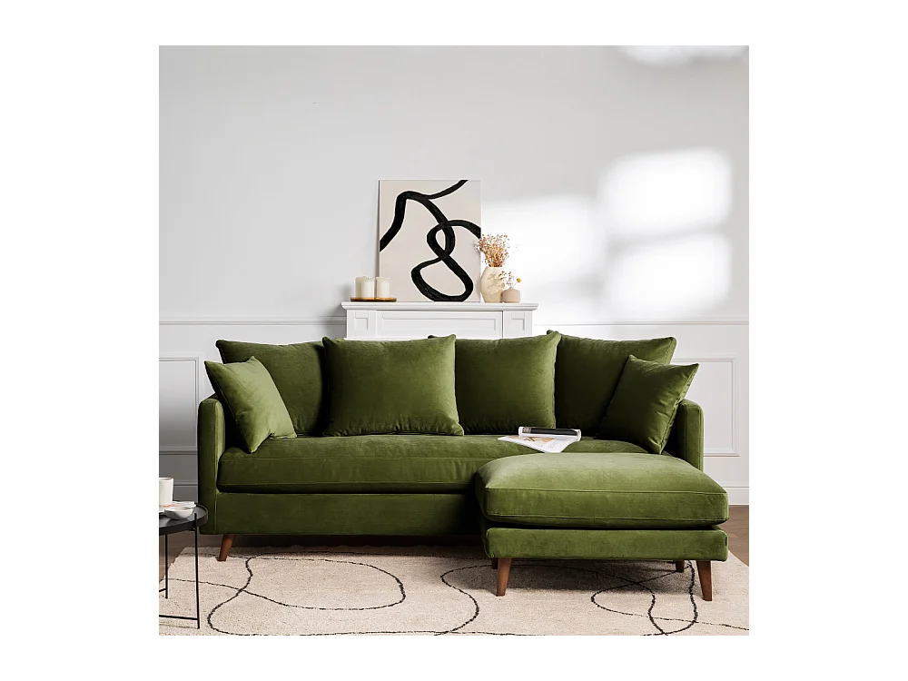 Villabon - Canapé convertible 4 places en velours pieds bois foncé - Vert olive