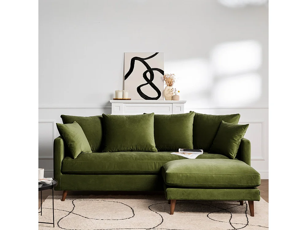 Villabon - Canapé convertible 4 places en velours pieds bois foncé - Vert olive