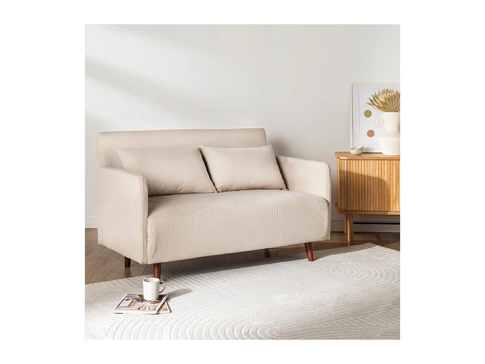 Belushi - Canapé convertible 2 places en velours côtelé L120cm - Beige