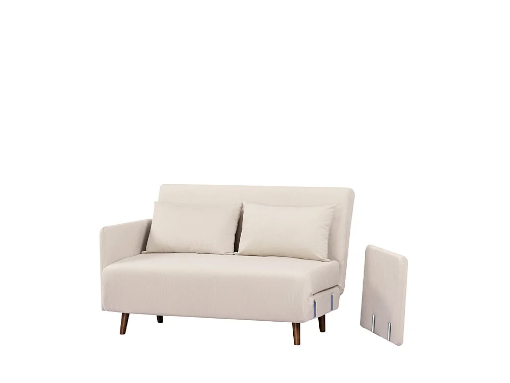 Belushi - Canapé convertible 2 places en velours côtelé pieds bois foncé - Beige