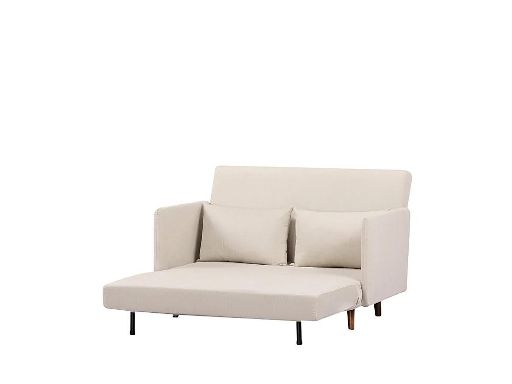 Belushi - Canapé convertible 2 places en velours côtelé pieds bois foncé - Beige