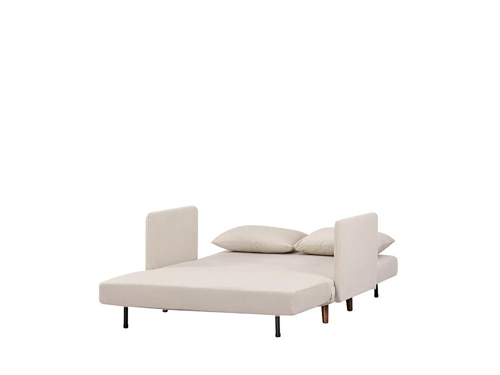 Belushi - Canapé convertible 2 places en velours côtelé pieds bois foncé - Beige