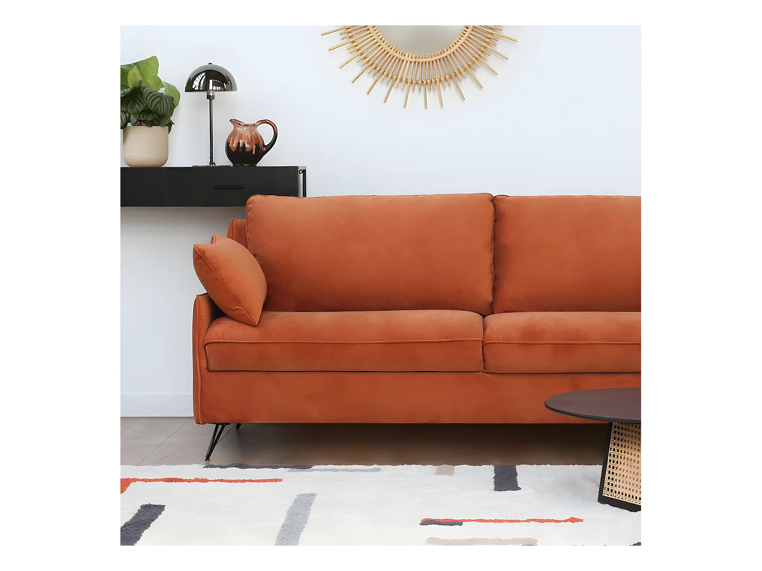 Lunery - Canapé 4 places convertible en velours pieds épingles noirs - Rouille