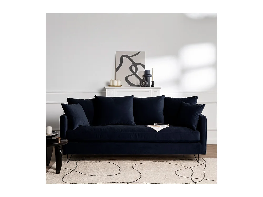 Villabon - Canapé convertible 3 places en velours pieds épingles noirs - Bleu marine