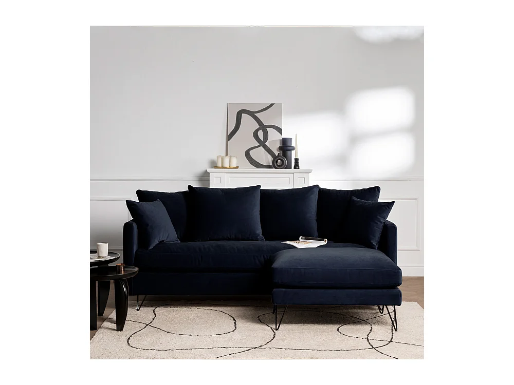 Villabon - Canapé convertible 3 places en velours pieds épingles noirs - Bleu marine