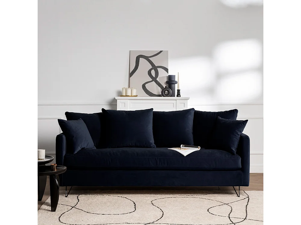 Villabon - Canapé convertible 3 places en velours pieds épingles noirs - Bleu marine