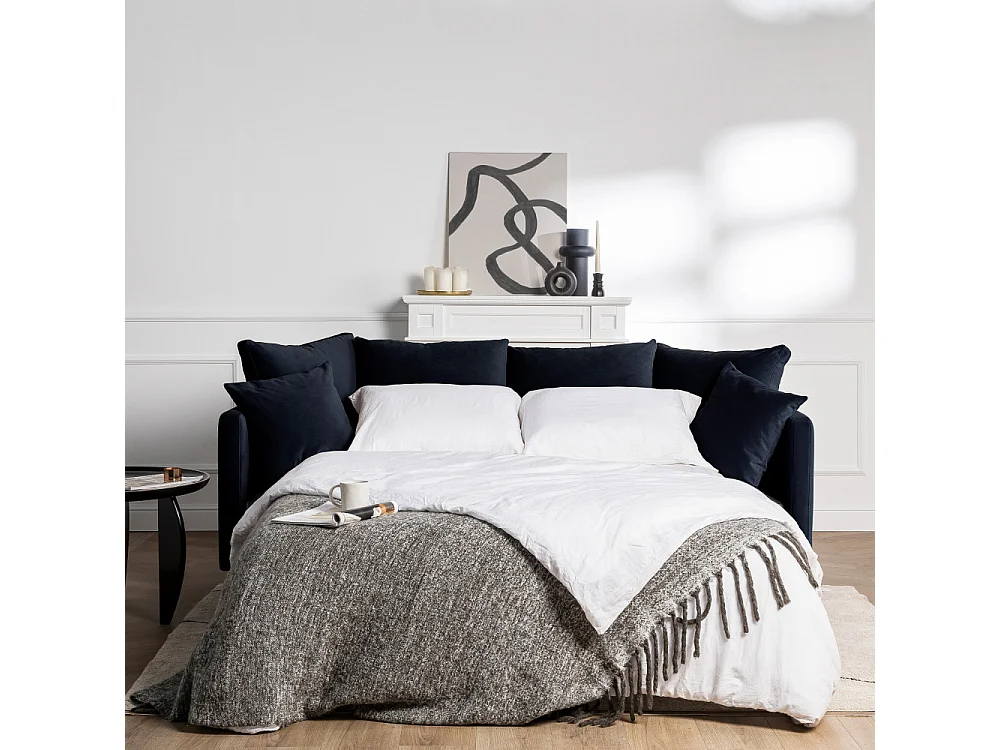 Villabon - Canapé convertible 3 places en velours pieds épingles noirs - Bleu marine