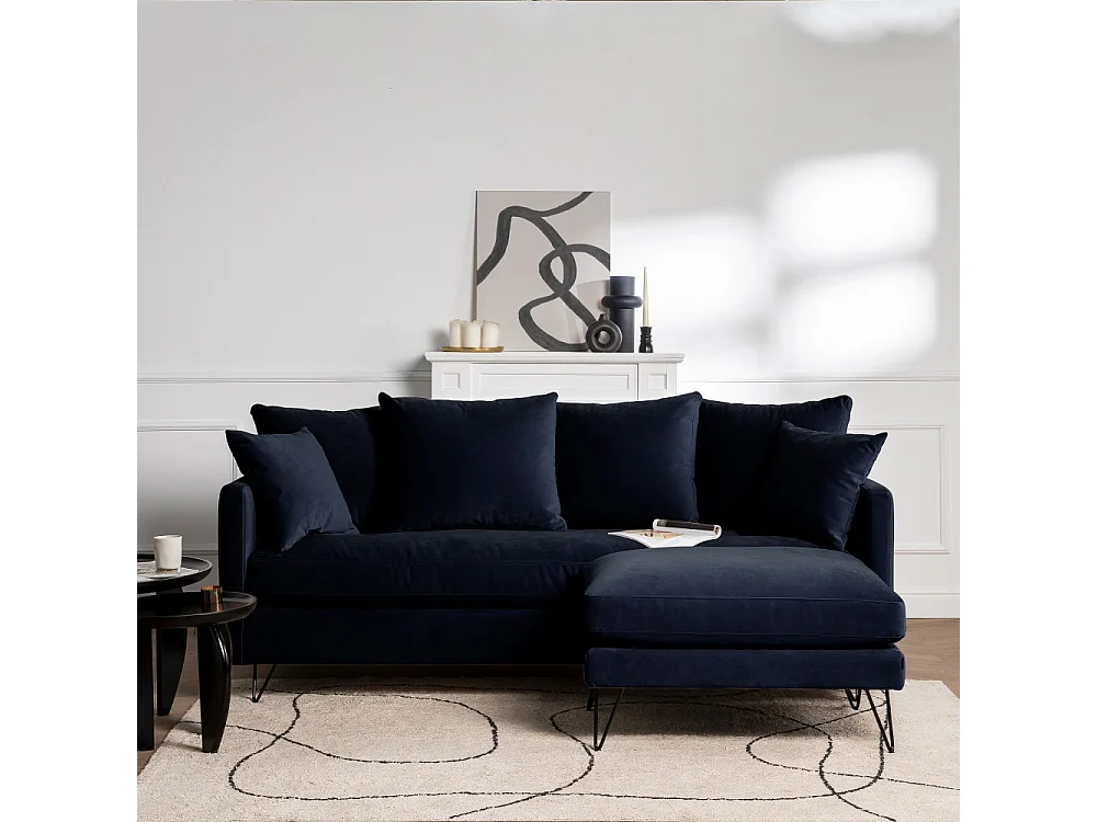 Villabon - Canapé convertible 3 places en velours pieds épingles noirs - Bleu marine