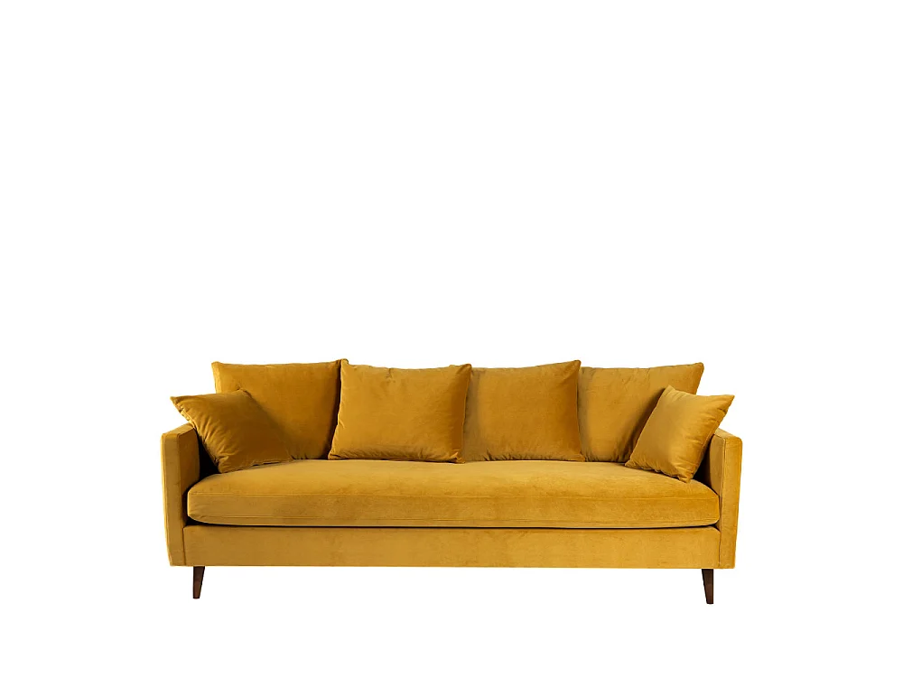 Villabon - Canapé convertible 3 places en velours pieds bois foncé - Jaune moutarde