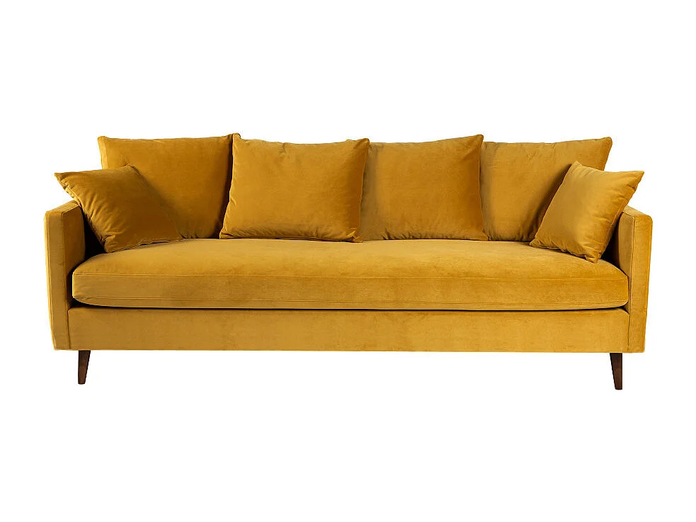 Villabon - Canapé convertible 3 places en velours pieds bois foncé - Jaune moutarde