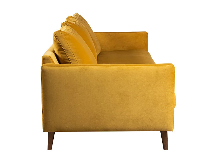 Villabon - Canapé convertible 3 places en velours pieds bois foncé - Jaune moutarde