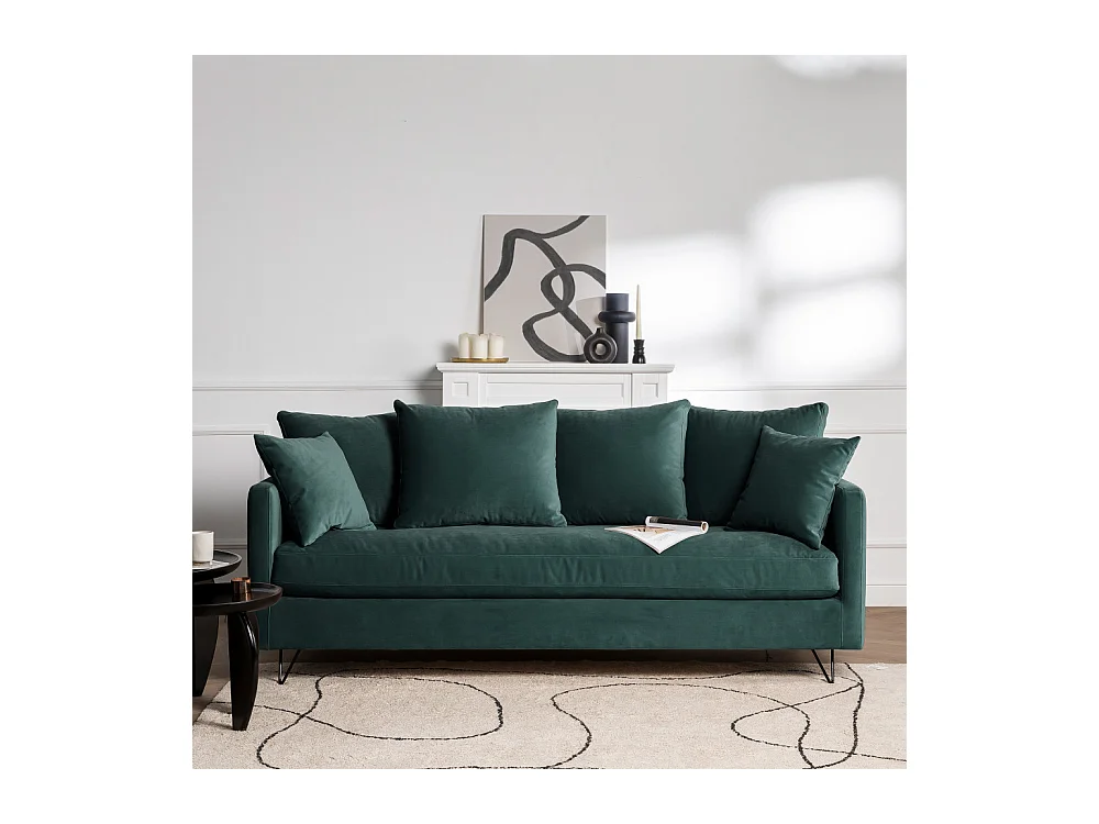 Villabon - Canapé convertible 3 places en velours pieds épingles noirs - vert eucalyptus