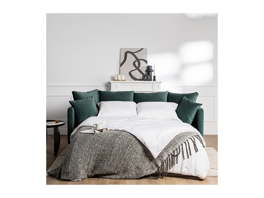 Villabon - Canapé convertible 3 places en velours pieds épingles noirs - vert eucalyptus