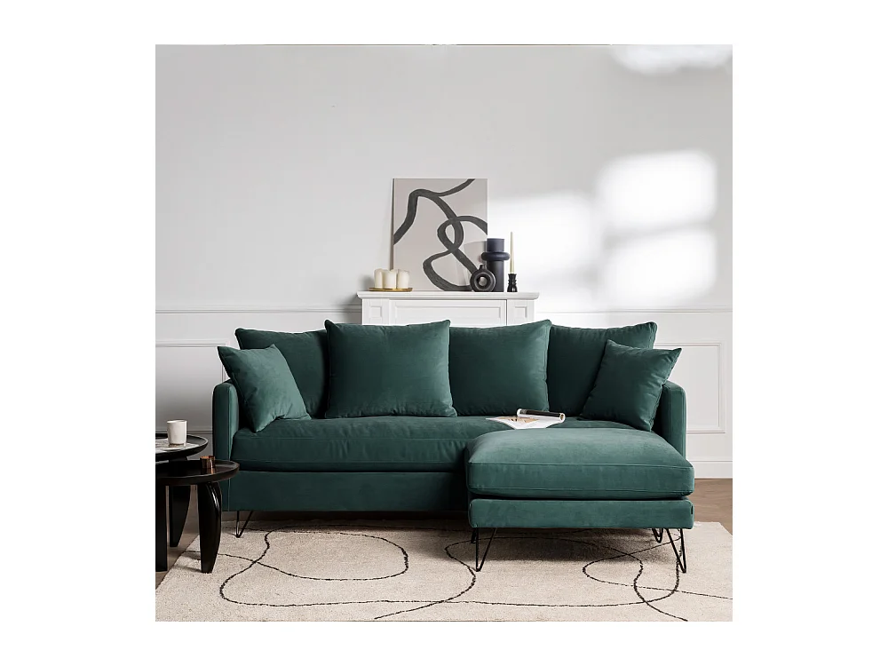 Villabon - Canapé convertible 3 places en velours pieds épingles noirs - vert eucalyptus