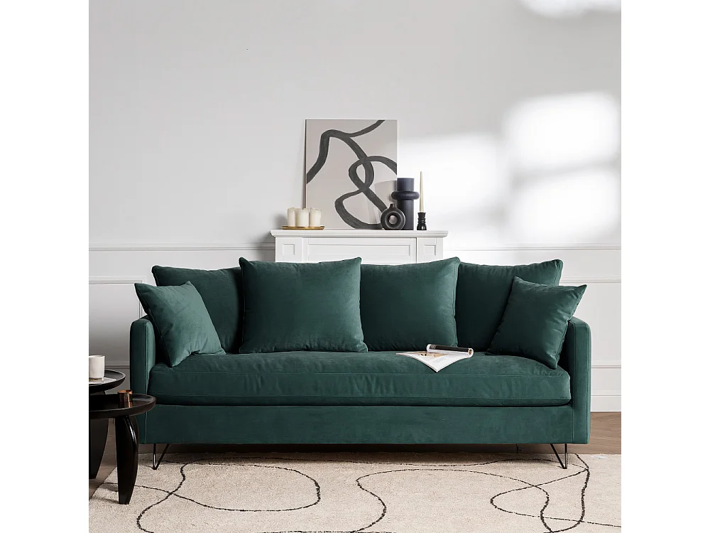 Villabon - Canapé convertible 3 places en velours pieds épingles noirs - vert eucalyptus