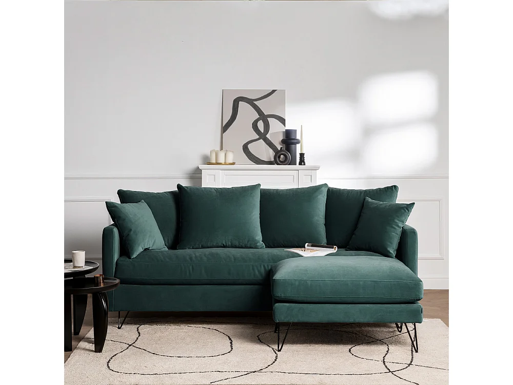 Villabon - Canapé convertible 3 places en velours pieds épingles noirs - vert eucalyptus