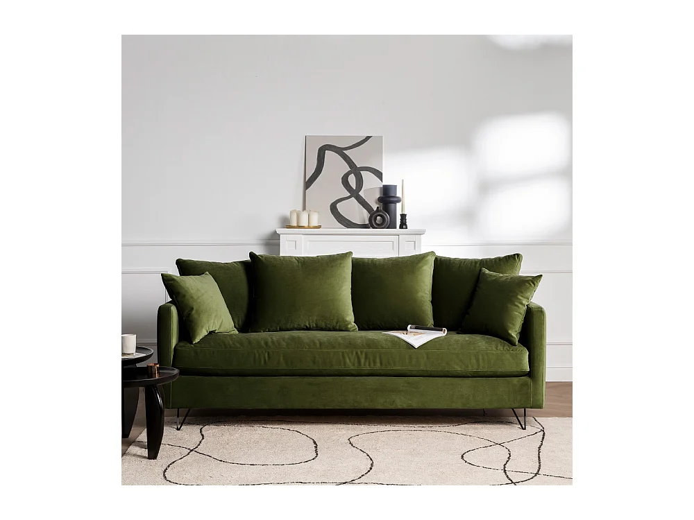 Villabon - Canapé convertible 3 places en velours pieds épingles noirs - Vert olive