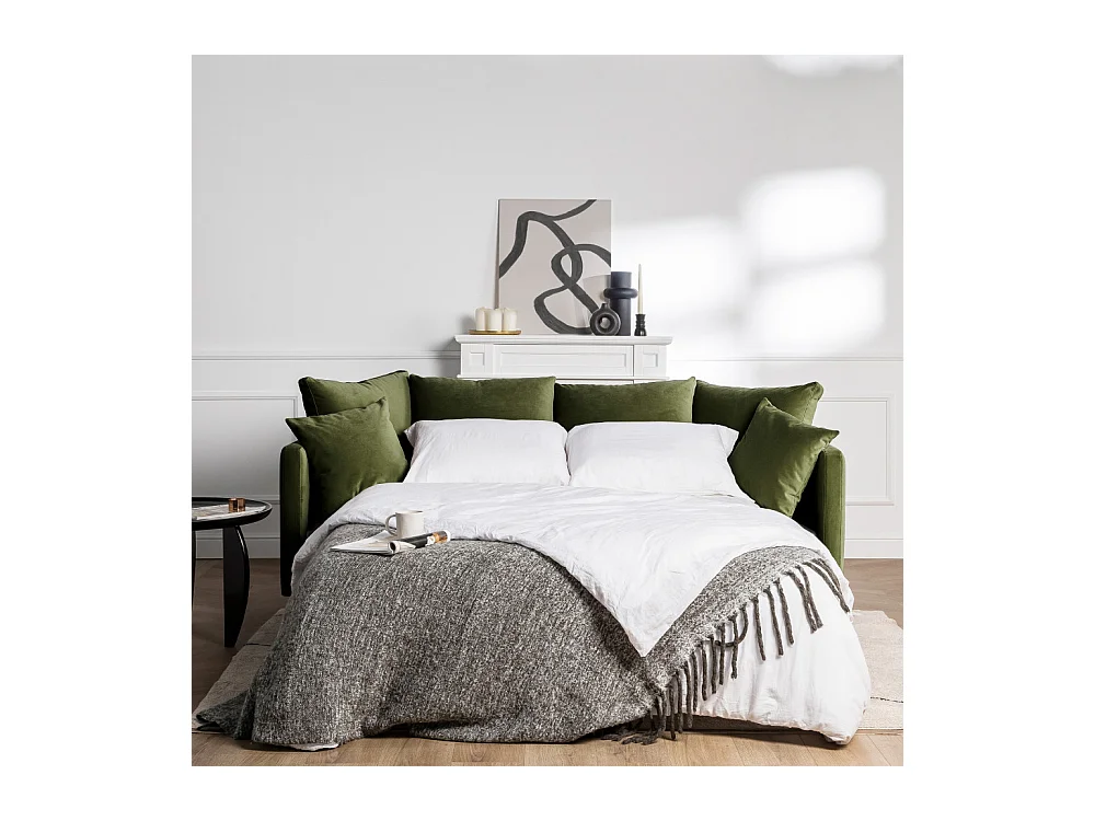 Villabon - Canapé convertible 3 places en velours pieds épingles noirs - Vert olive