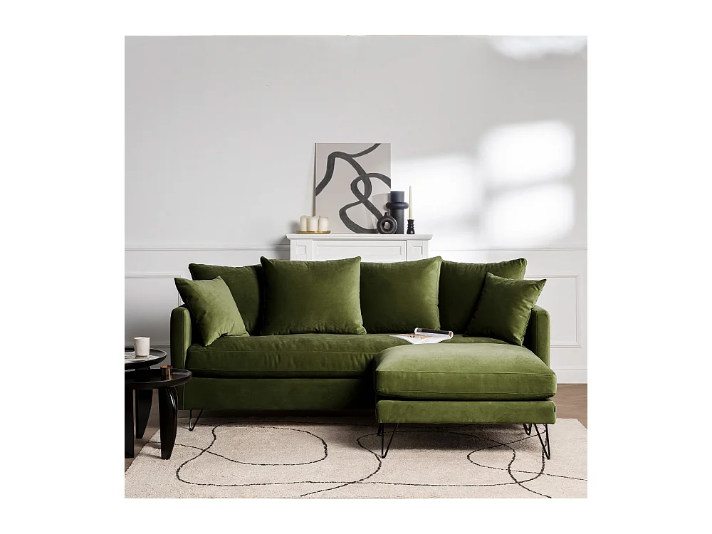 Villabon - Canapé convertible 3 places en velours pieds épingles noirs - Vert olive