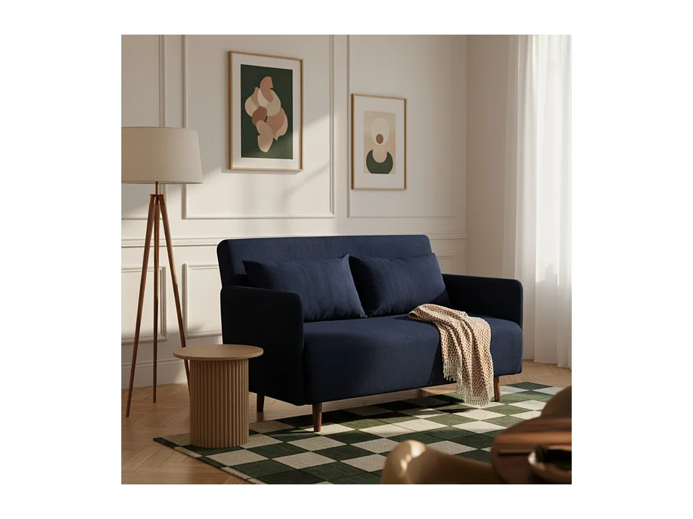 Belushi - Canapé convertible 2 places en velours côtelé L120cm - Bleu marine