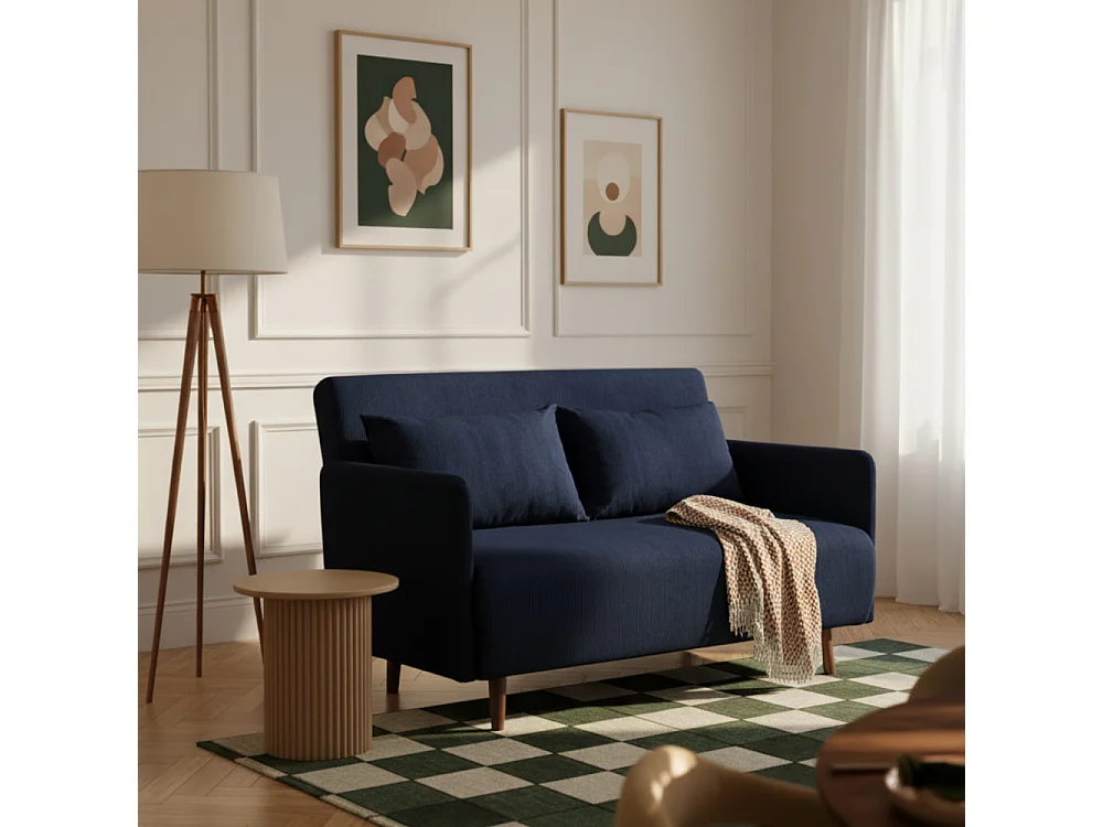 Belushi - Canapé convertible 2 places en velours côtelé L120cm - Bleu marine