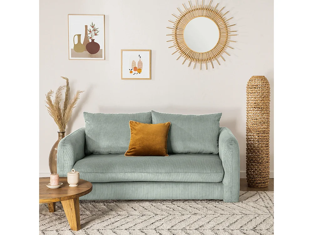 Wiame - Canapé convertible 2,5 places en velours côtelé : Couleur - Vert d'eau