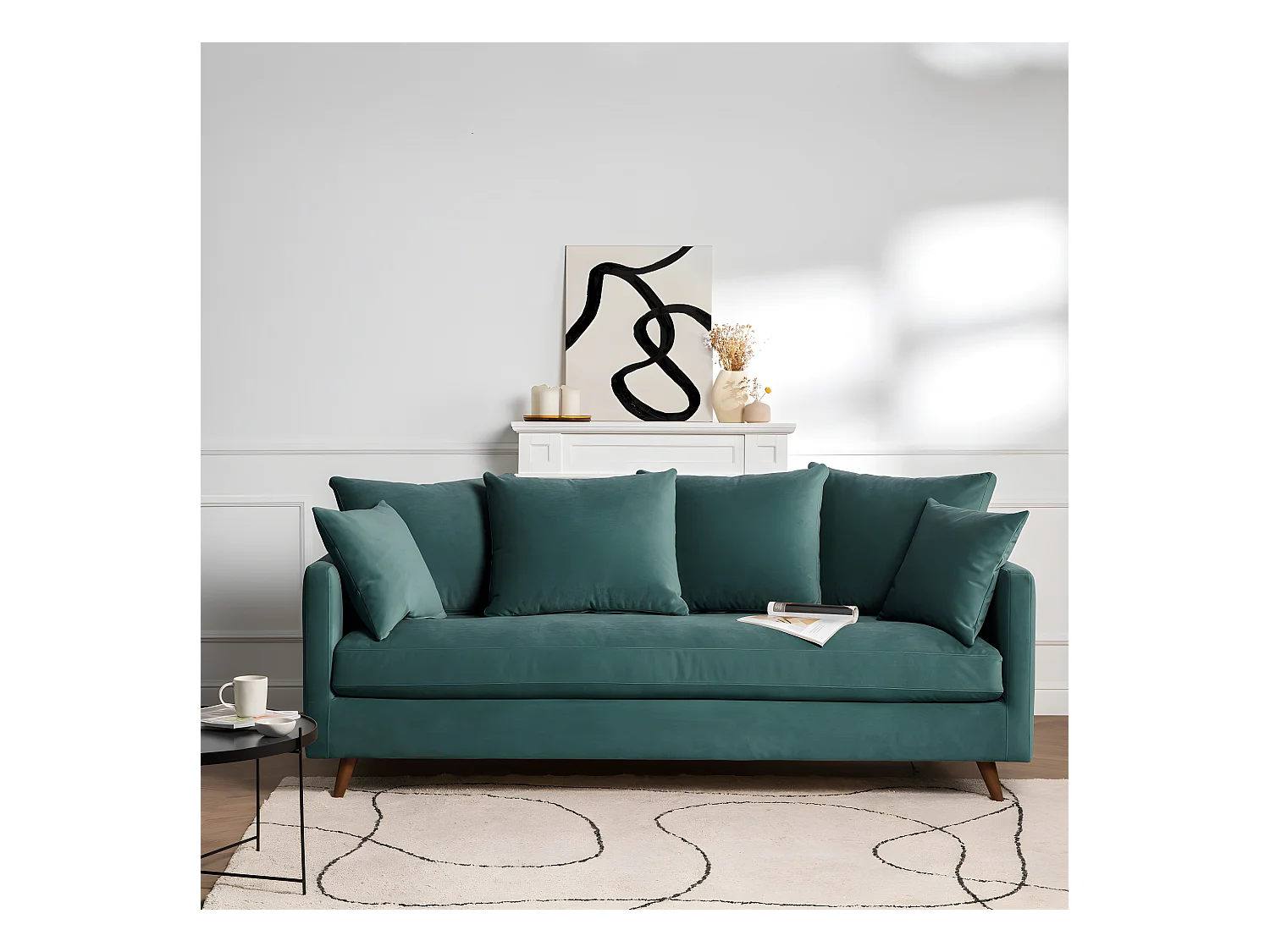 Villabon - Canapé convertible 3 places en velours pieds bois foncé - vert eucalyptus