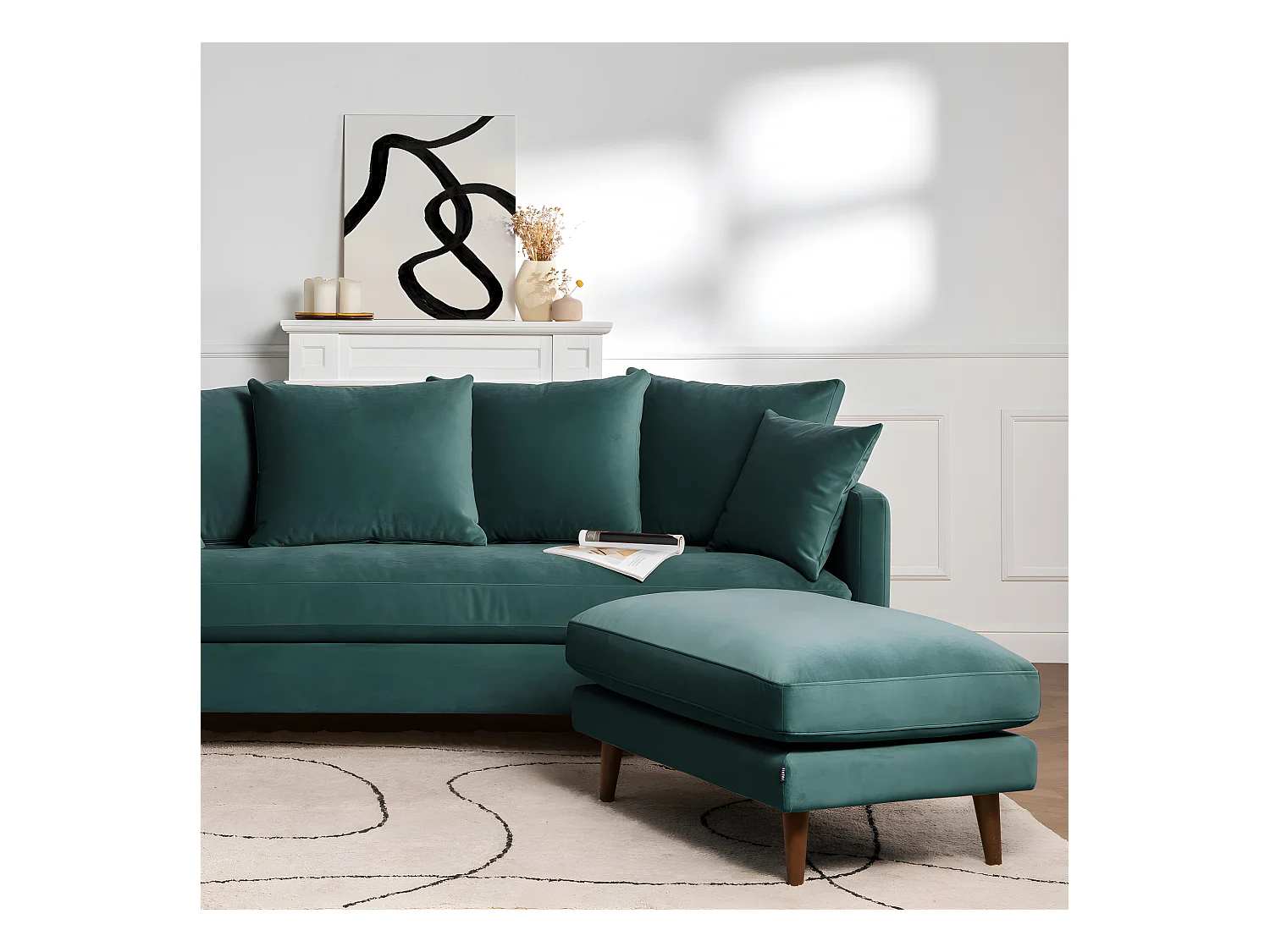 Villabon - Canapé convertible 3 places en velours pieds bois foncé - vert eucalyptus