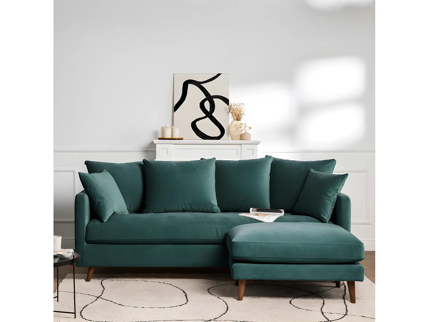 Villabon - Canapé convertible 3 places en velours pieds bois foncé - vert eucalyptus