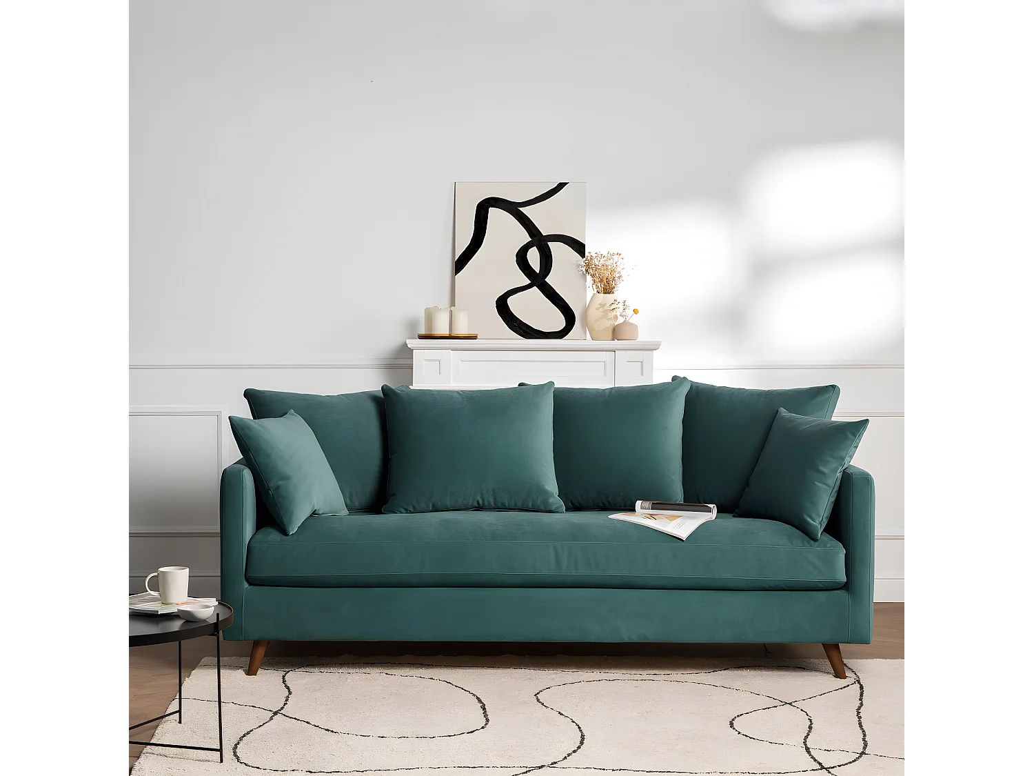 Villabon - Canapé convertible 3 places en velours pieds bois foncé - vert eucalyptus