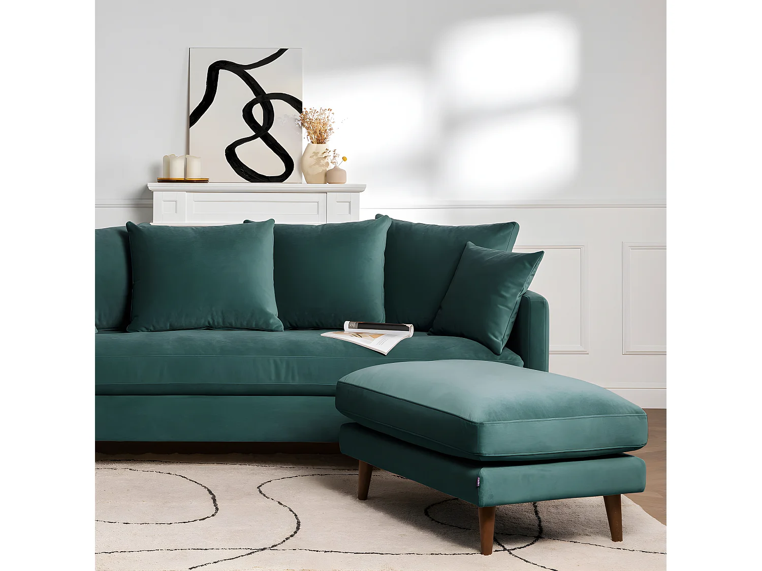 Villabon - Canapé convertible 3 places en velours pieds bois foncé - vert eucalyptus