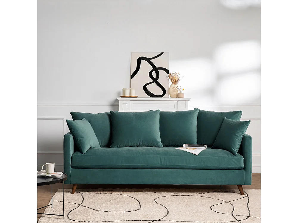 Villabon - Canapé convertible 3 places en velours pieds bois foncé - vert eucalyptus